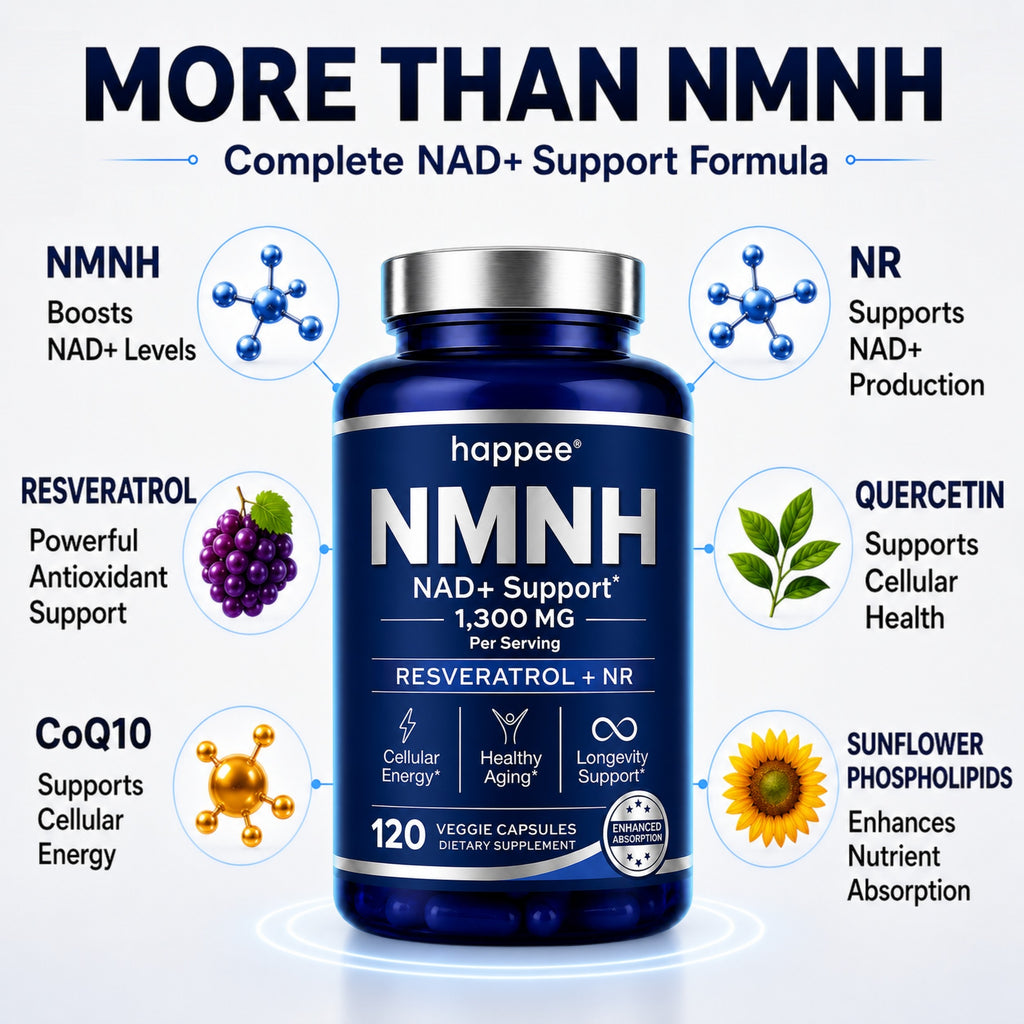Supplement bottle labeled 'happee NMNH NAD+ Support' with various health benefits listed on a white background.