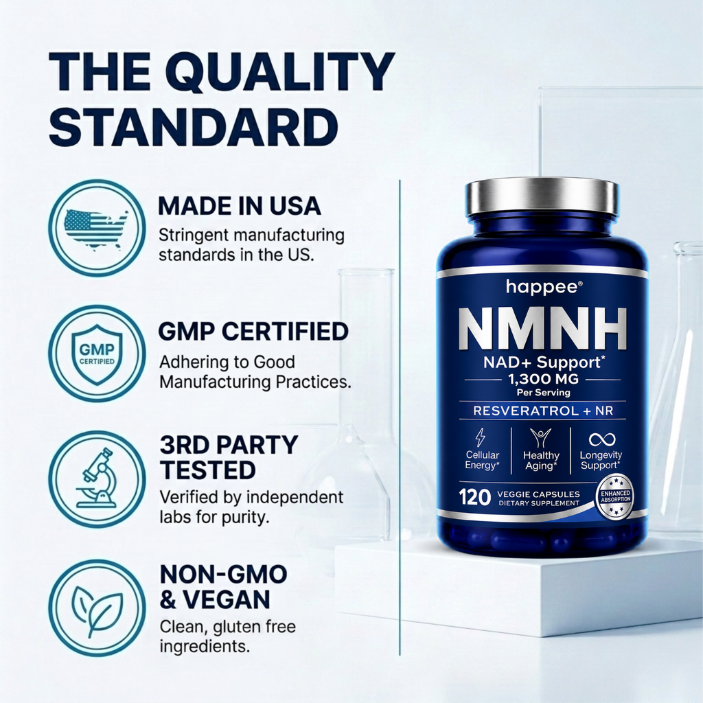happee NMNH supplement bottle with quality certification icons on a light gray background