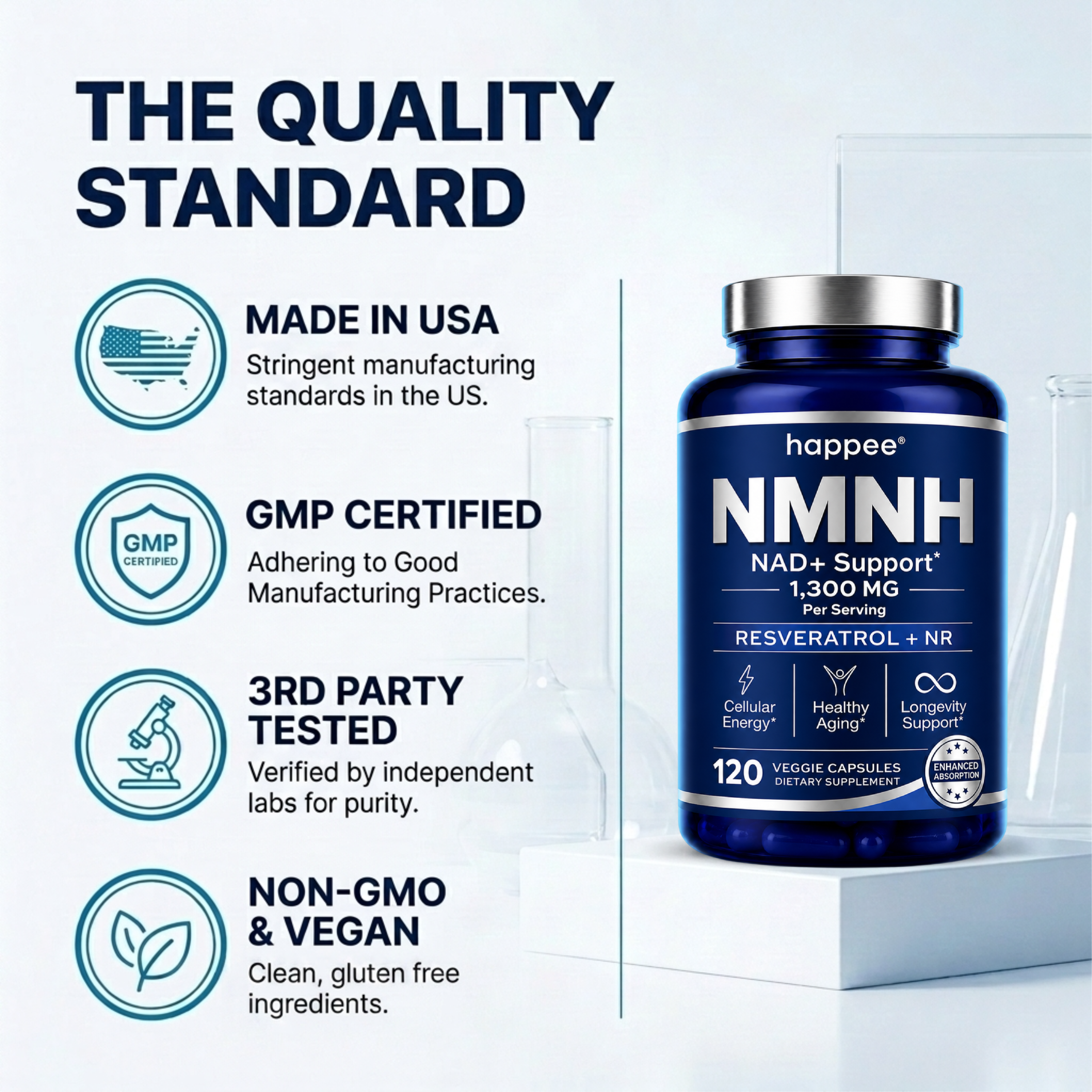 happee NMNH supplement bottle with quality certification icons on a light gray background