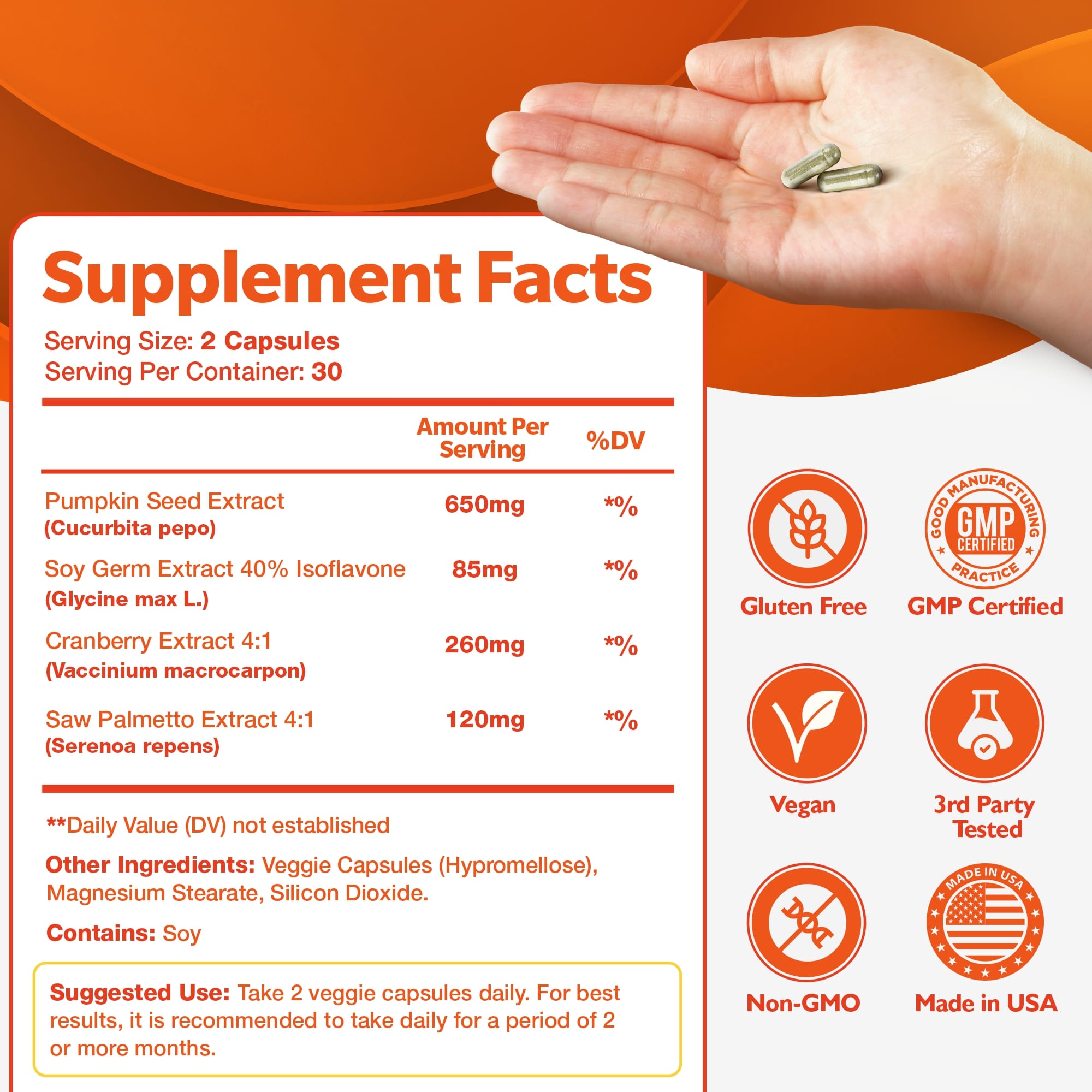 Supplement facts label with a hand holding capsules against an orange background