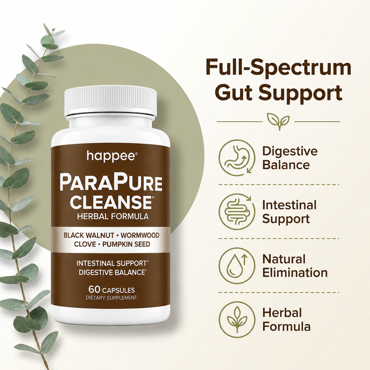 A bottle of happ ee Parapure Cleanse herbal supplement shown on a light beige background with decorative green leaves and text highlighting digestive, intestinal, natural elimination, and herbal support benefits.