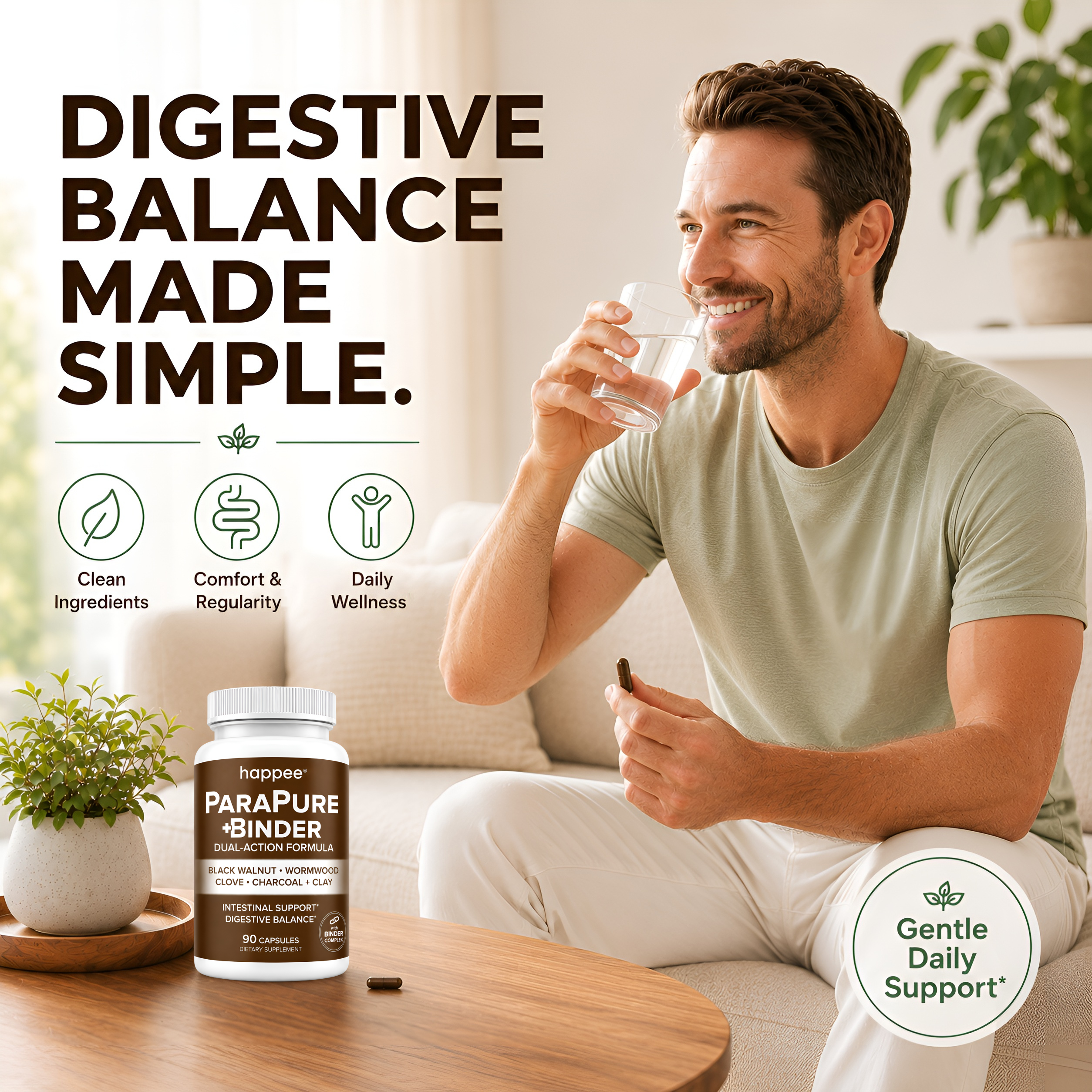 Man holding a glass of water with a bottle of Happe PurePure Binder on a table, with text about digestive balance.