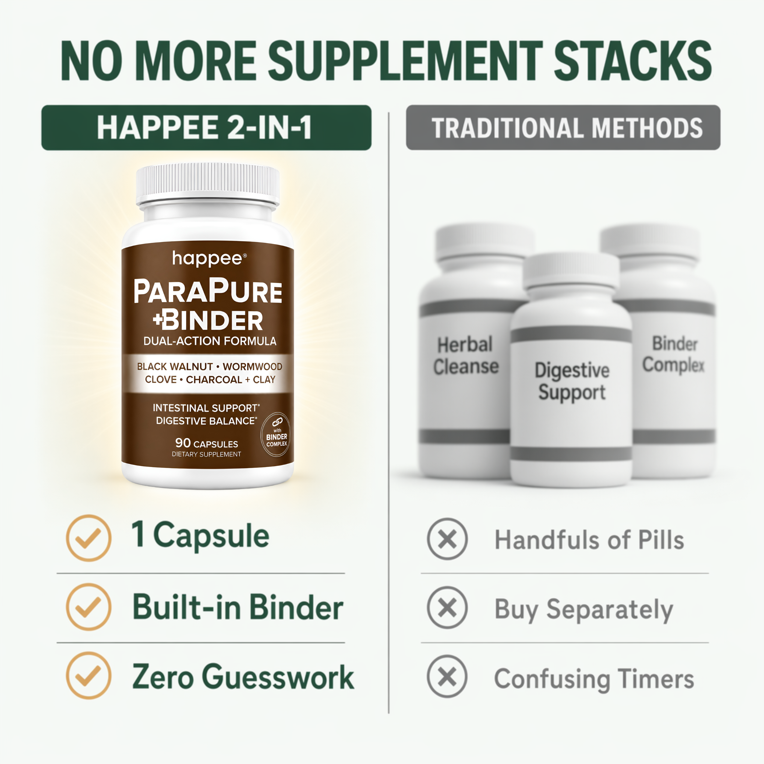 Advertisement for Happee Parapure Binder supplement with comparison to traditional methods on a white background.