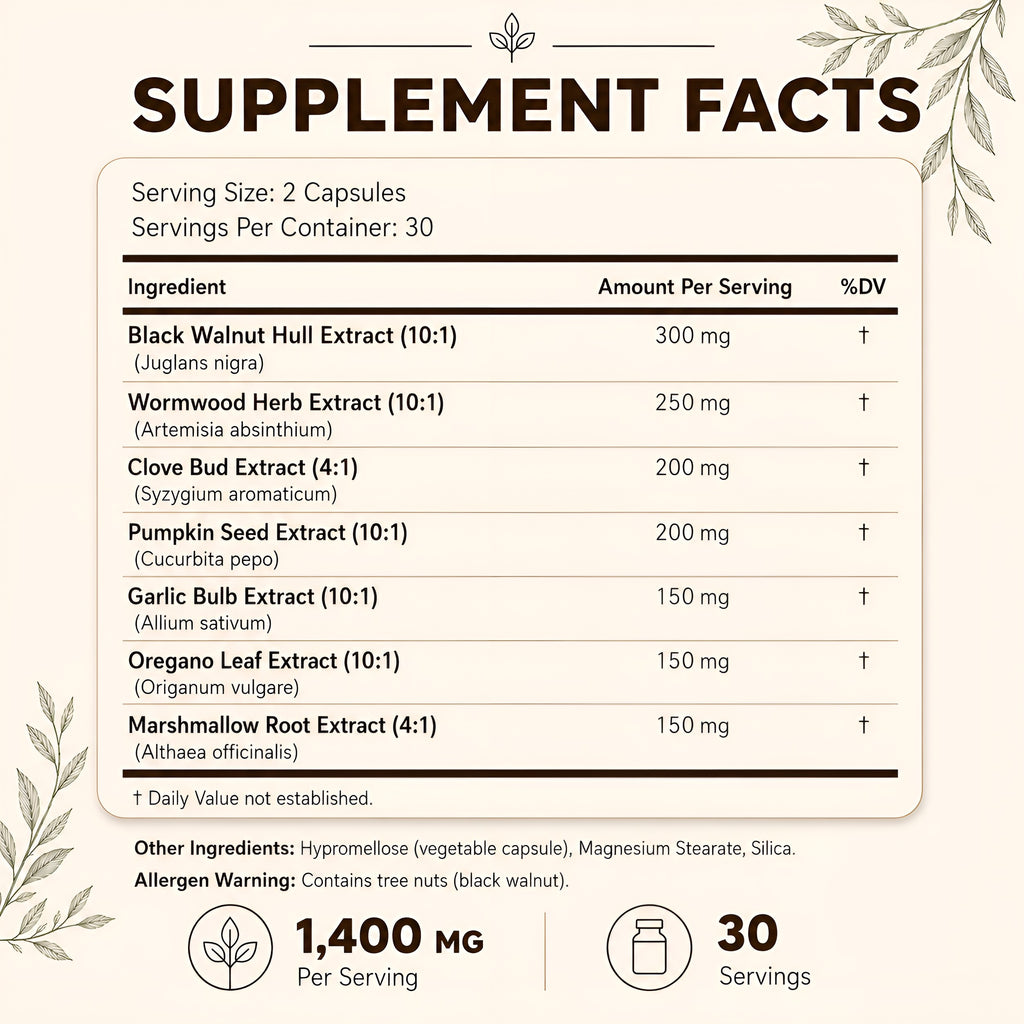 A supplement facts label for a dietary supplement containing black walnut, wormwood, clove bud, pumpkin seed, garlic bulb, oregano leaf, and marshmallow root extracts. The label specifies 2 capsules per serving, 30 servings per container, and 1,400 mg total.