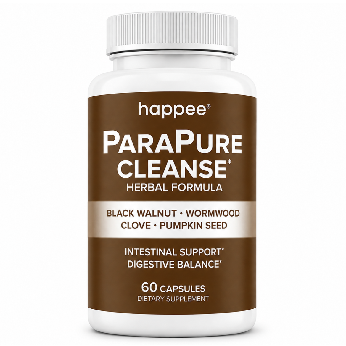 A white plastic bottle of happee ParaPure Cleanse herbal formula dietary supplement with a brown and beige label, on a white background.