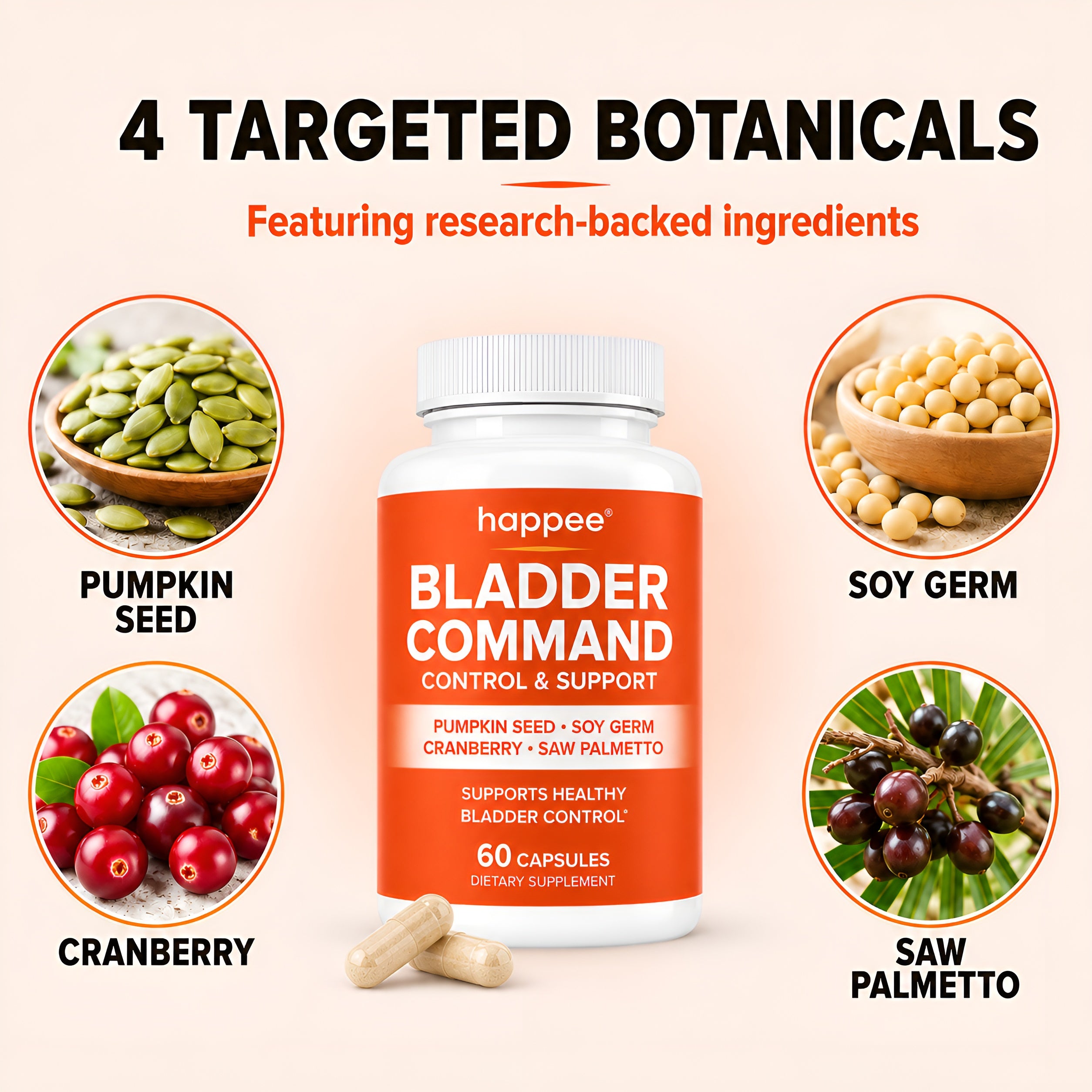 A bottle of happee Bladder Command dietary supplement centered on a light peach background, with four circular ingredient callouts around it: pumpkin seed, soy germ, cranberry, and saw palmetto. Text at the top reads '4 TARGETED BOTANICALS' and the bottle label shows the brand name happée and the product name Bladder Command.