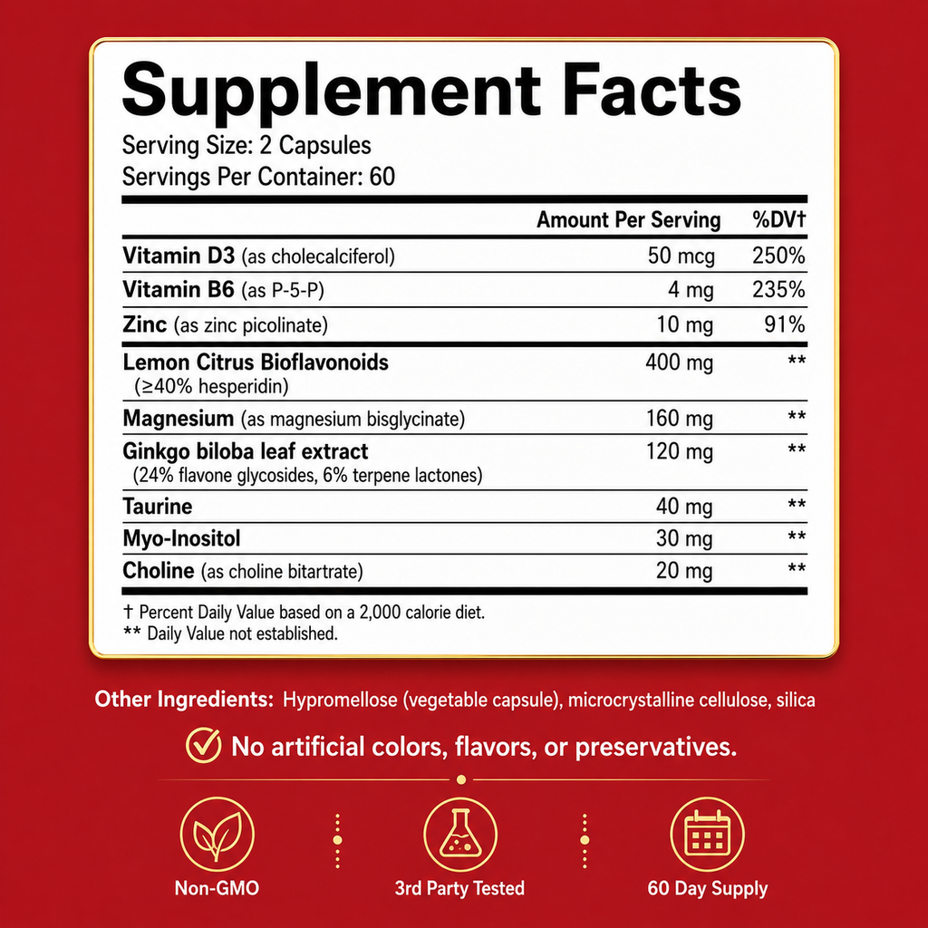 A supplement facts label on a red background, showing a nutrition panel with vitamins and herbal ingredients listed by amount and daily value. Text below notes no artificial colors, flavors, or preservatives and includes icons for non-GMO, 3rd party tested, and 60 day supply.
