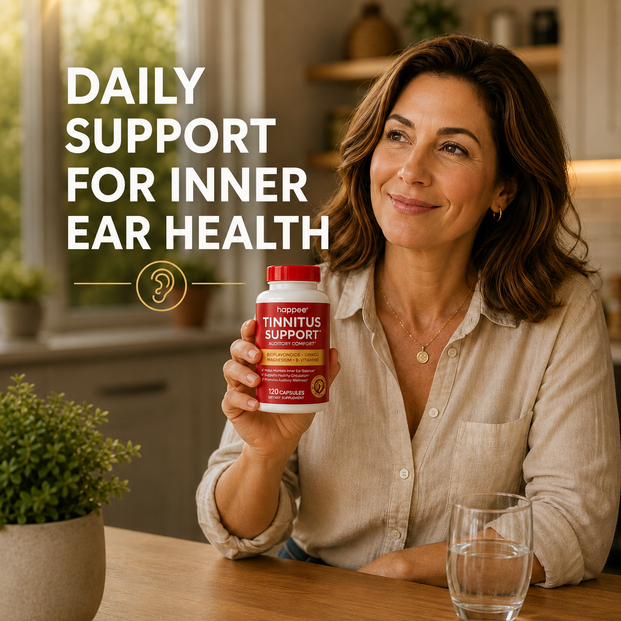 A woman seated at a wooden table holds a bottle of Tinnitus Support supplements. The scene includes large text reading 'DAILY SUPPORT FOR INNER EAR HEALTH' and a small ear icon.