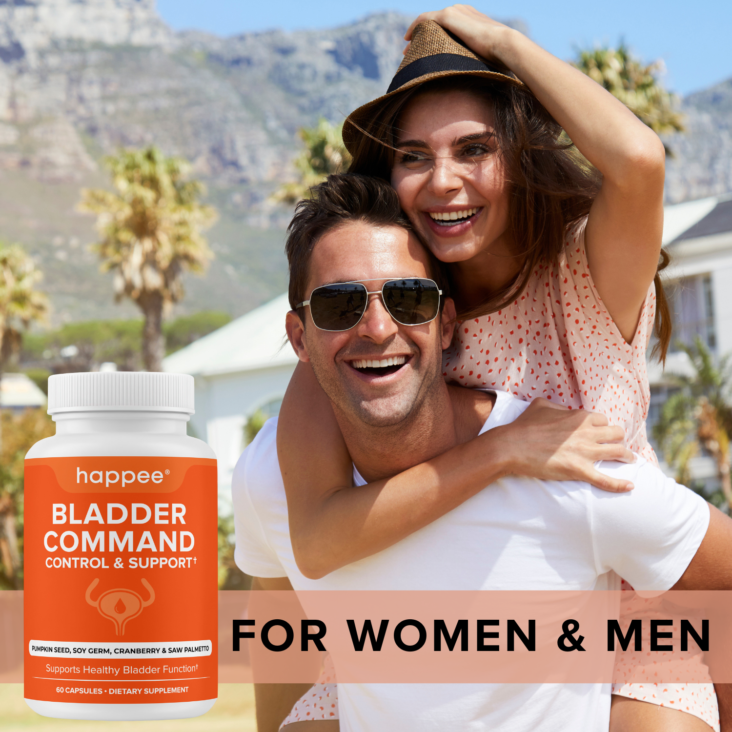 Couple enjoying a sunny day with a supplement bottle labeled 'happee Bladder Command' in the foreground.