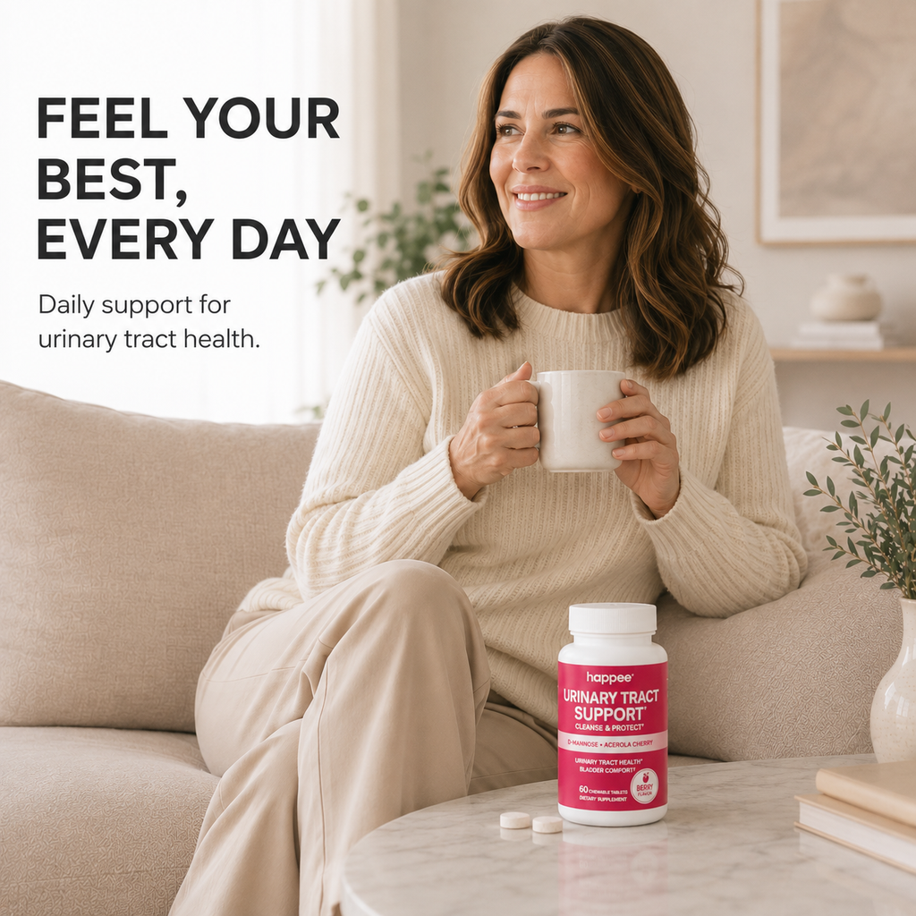 A woman sitting on a beige sofa in a bright living room, holding a white mug. A bottle of happee Urinary Tract Support dietary supplement and two white tablets are placed on a marble coffee table in front of her.