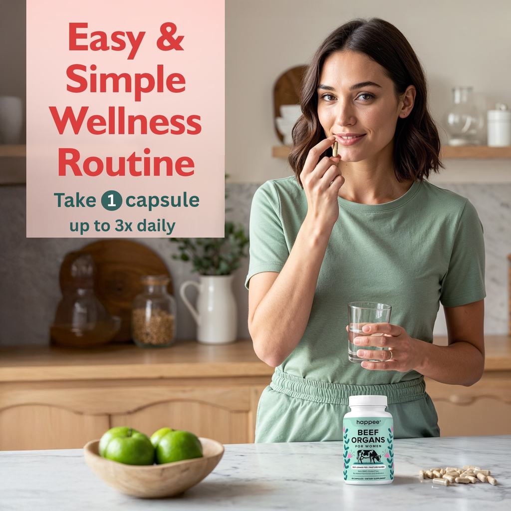 Woman taking a supplement capsule with a glass of water, surrounded by health products in a kitchen setting.