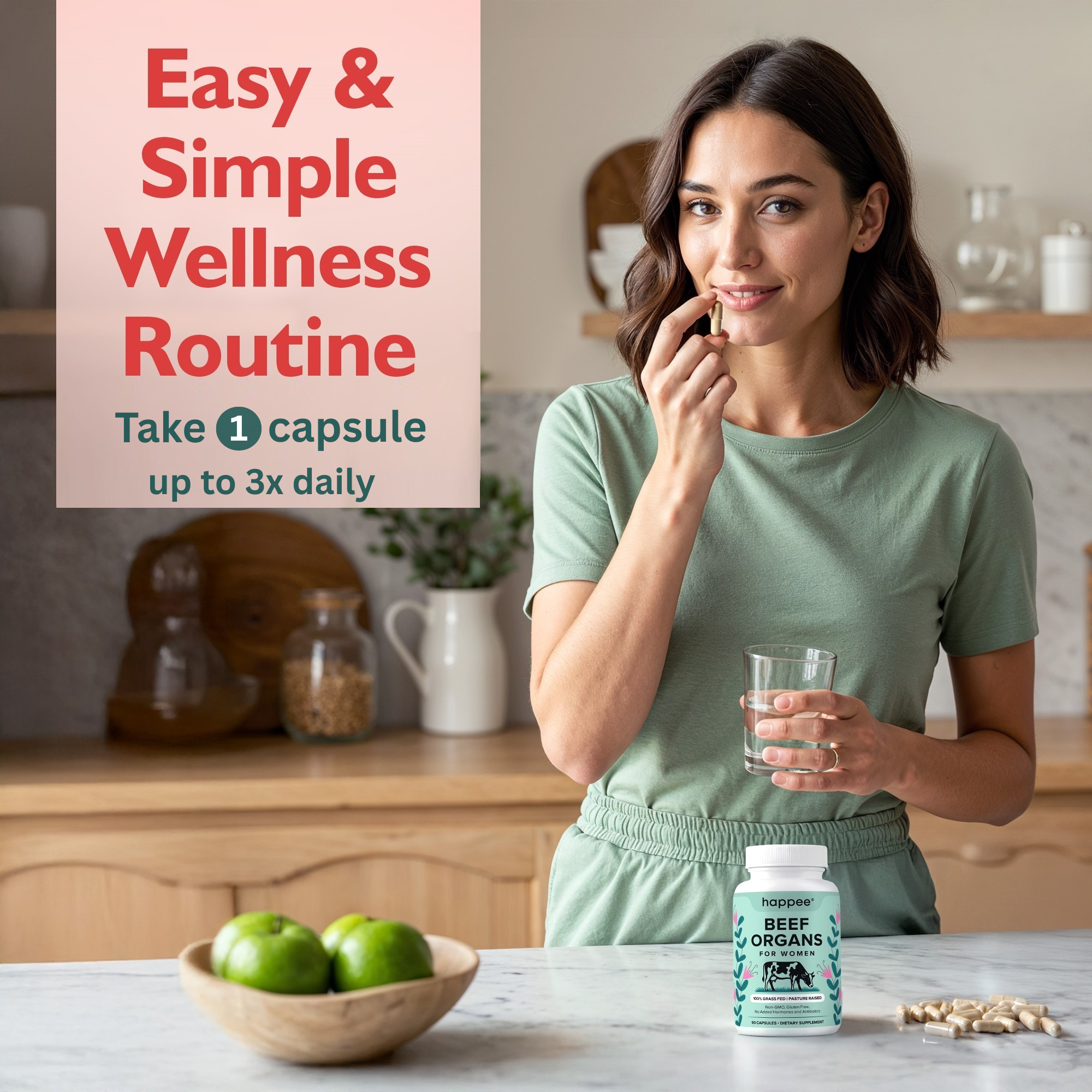 Woman taking a supplement capsule with a glass of water, surrounded by health products in a kitchen setting.